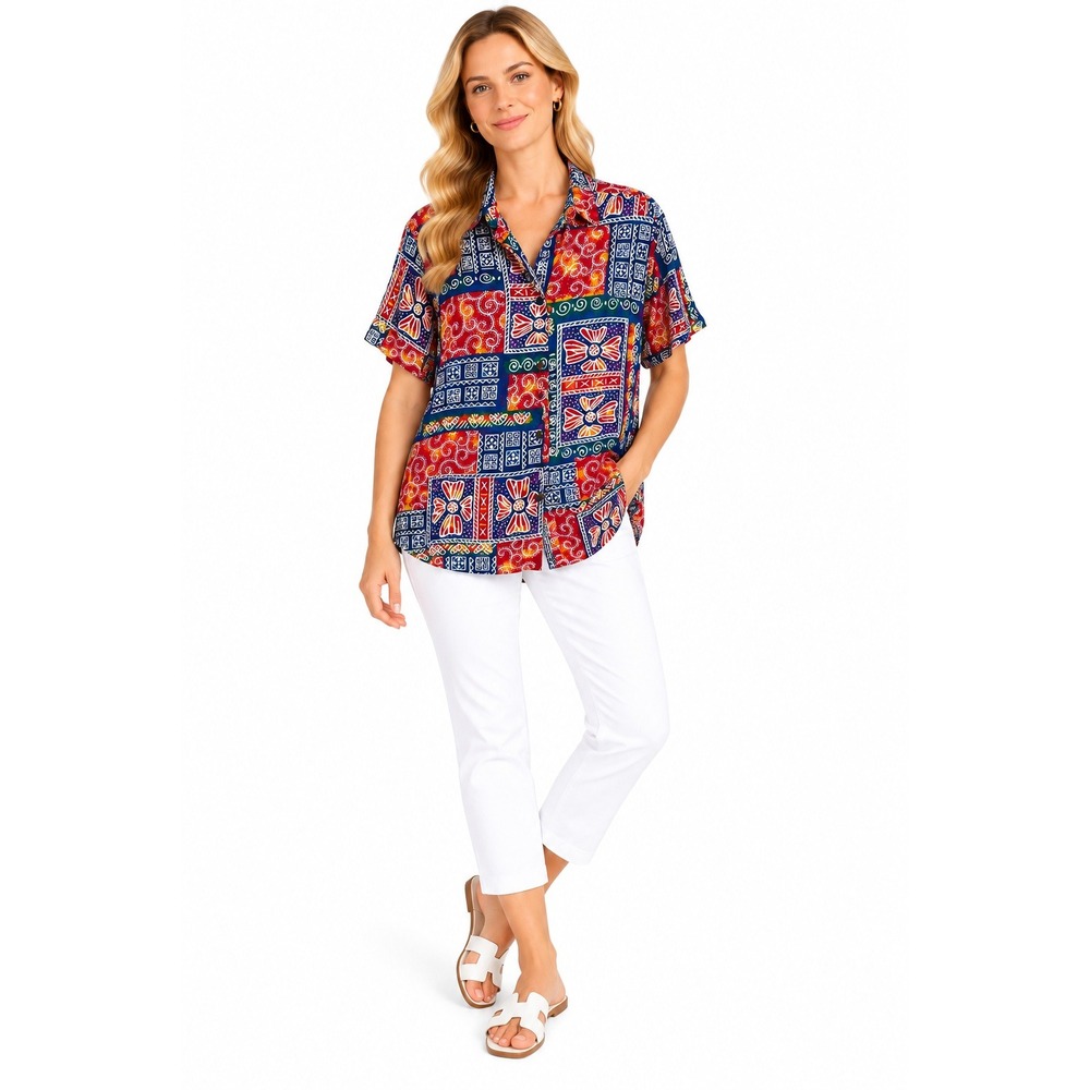 Chaus Sport Shirt  L Multicolor Batik Patchwork Rayon Retro 90s Tribal Festival